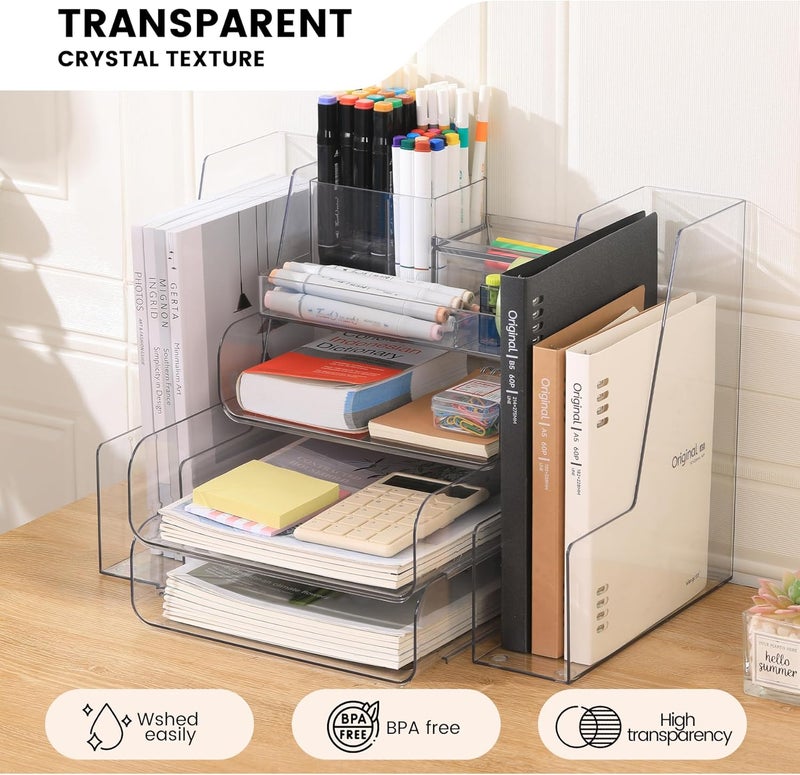 CiWiVOKi Desk Organizer with 2 Vertical File Holder, 4 Tier Stackable Paper Letter Tray File Organizer with 5-Compartments Pen Holder, Clear Desktop Organizer Office Organization and Storage - Image 3